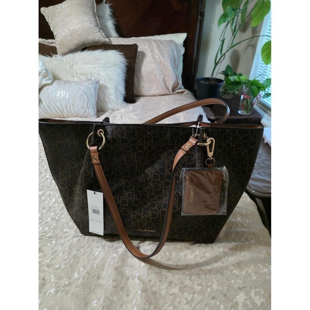 Calvin Klein Dark Brown Monogram Tote with Tan Trim